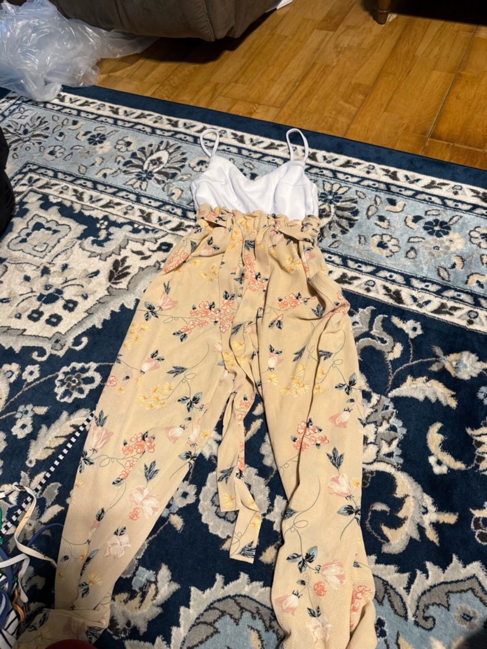 Rue21 Beige Floral Paperbag Waist Jumpsuit with White Cami Bodice